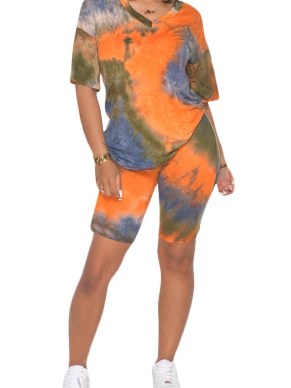 V-Neck Tie Dye Two Piece Set - T-Shirt & Biker Shorts